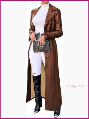 Long Sleeve Faux Leather Trench Coat Mid Length Motorcycle Jacket